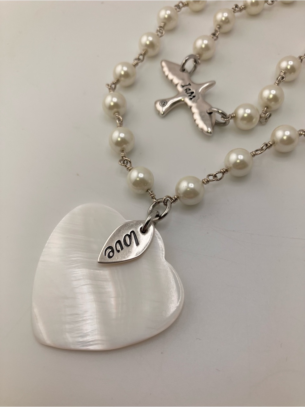 Katia Designs Silver/White Pearl Heart & Dove Layered Necklace NWT - Picture 6 of 7